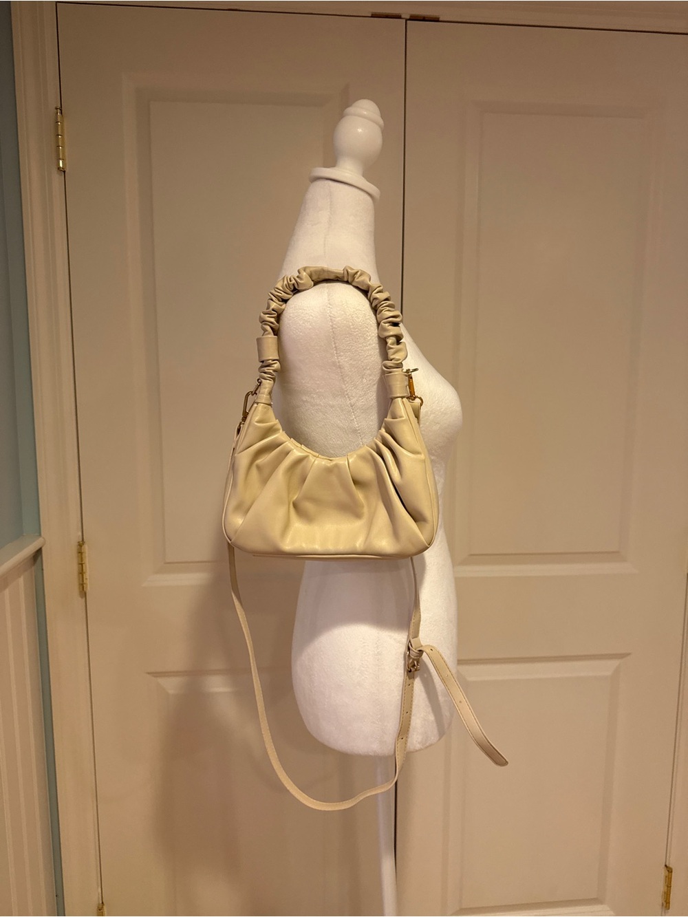 Beige Ruched Shoulder Bag with Detachable Strap